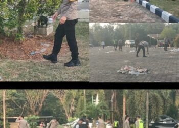 Usai Amankan Aksi Unjuk Rasa,  Wakapolres OKU Timur Pimpin Aksi Bersih-Bersih Lingkungan Pemkab